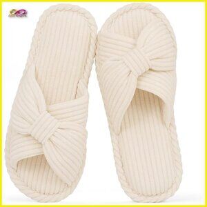 Corduroy Bow Slippers Open Toe Memory Foam Indoor Outdoor Comfort Chic